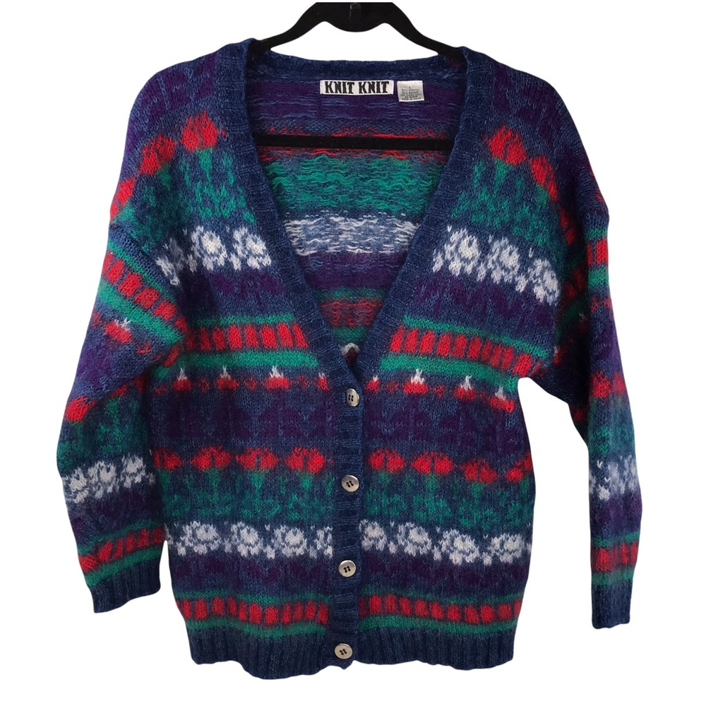 Knit Knit  Mohair Fair Isle Cardigan Sweater Button Front Patterned Large